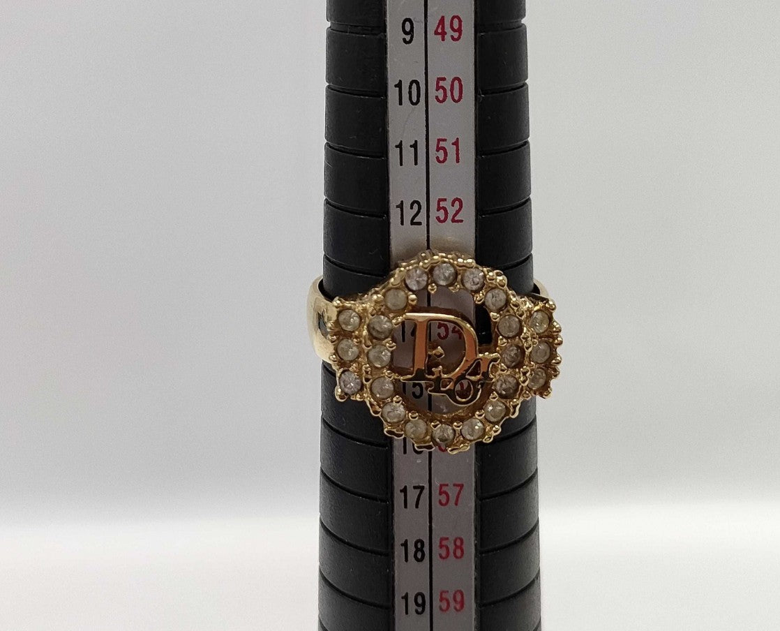 Christian Dior CD Logo Rhinestone Ring Gold Tone Germany US 7 EU 54