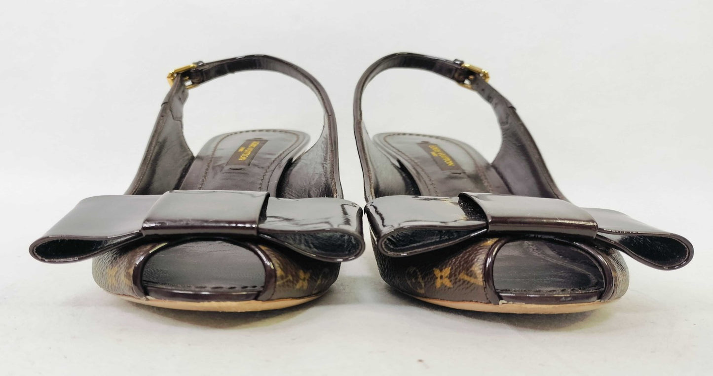 Louis Vuitton Monogram Bow Slingback Wedge Sandals (EU 36)(US 6) Cork Heel Italy
