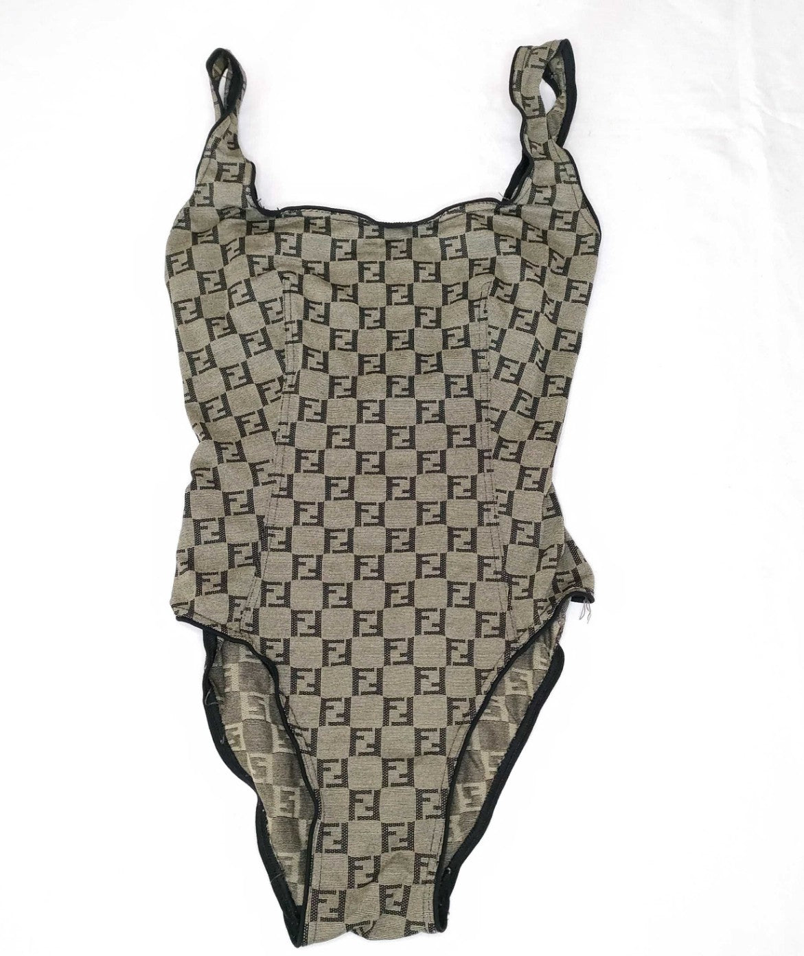 FENDI FF Monogram One Piece Swimsuit Beige Brown Size 40 Made in Italy