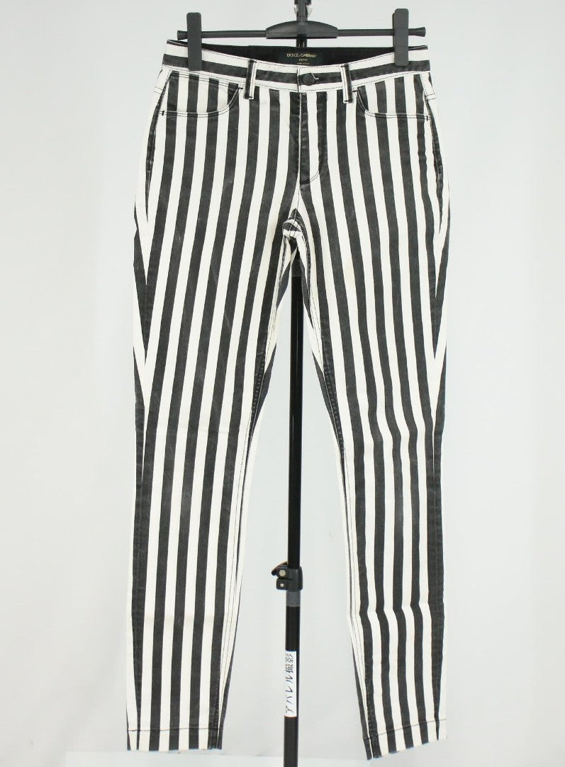 DOLCE & GABBANA Striped Stretch Denim Skinny Pants Black White Size 38 Italy