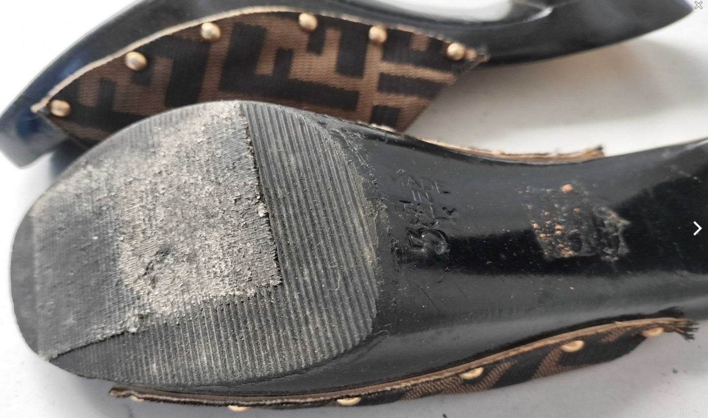 FENDI Zucca Logo Mule Heels Sandals Brown Black EU38 US7.5 JP24.1 Try-On Pics