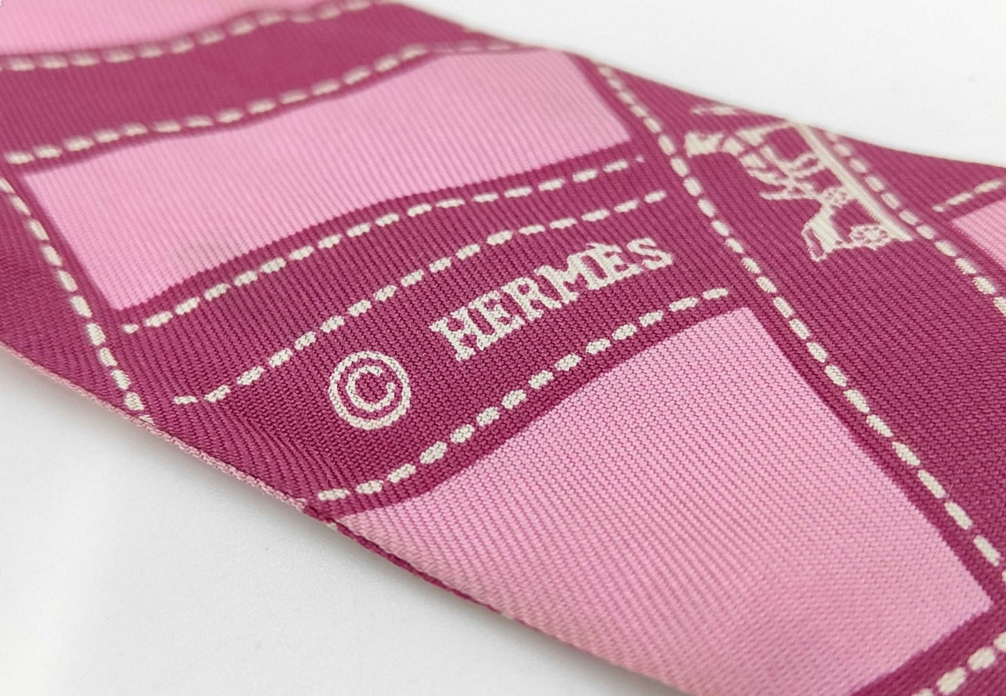 Hermes Twilly Silk Scarf Pink Ribbon Print France Box Fair Condition
