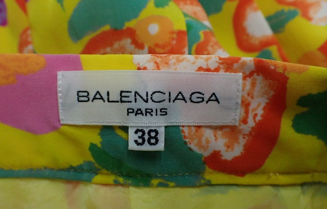 BALENCIAGA Paris Floral Print Flare Skirt Size 38 Yellow Polyester Japan
