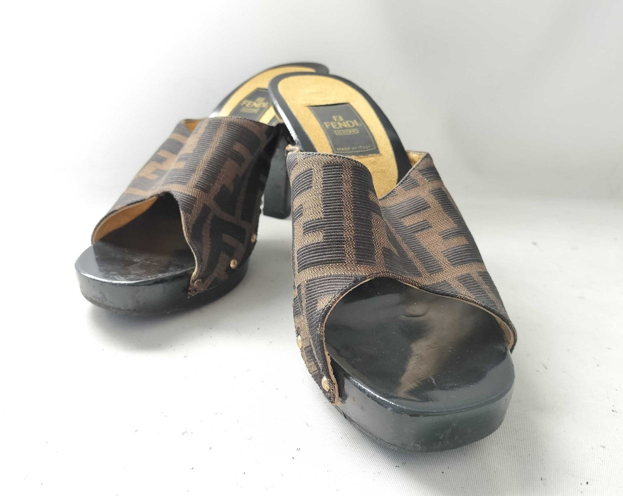 FENDI Zucca Logo Mule Heels Sandals Brown Black EU38 US7.5 JP24.1 Try-On Pics