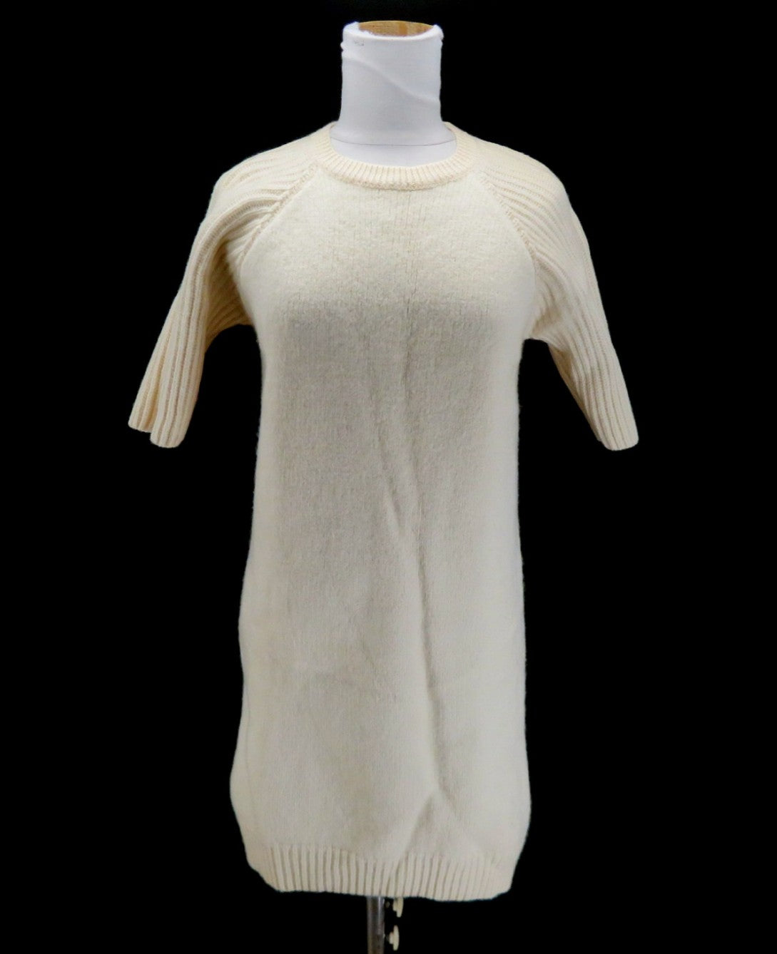YOKO CHAN Wool Knit Dress Ivory Rib Sleeve Sheer Back Size 36 Japan