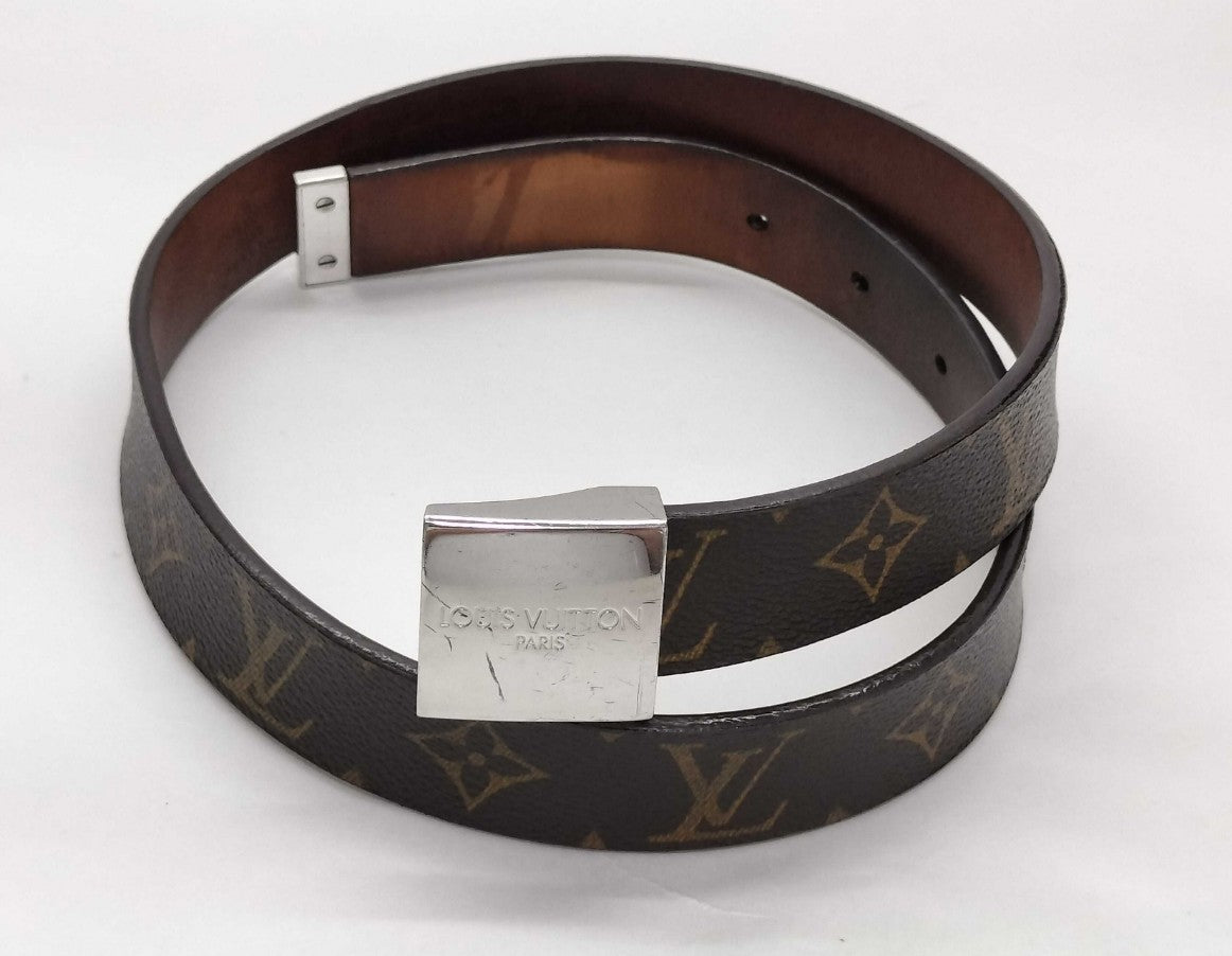 Louis Vuitton Monogram Carre Belt Brown Canvas Silver Buckle Size 75/30 Spain