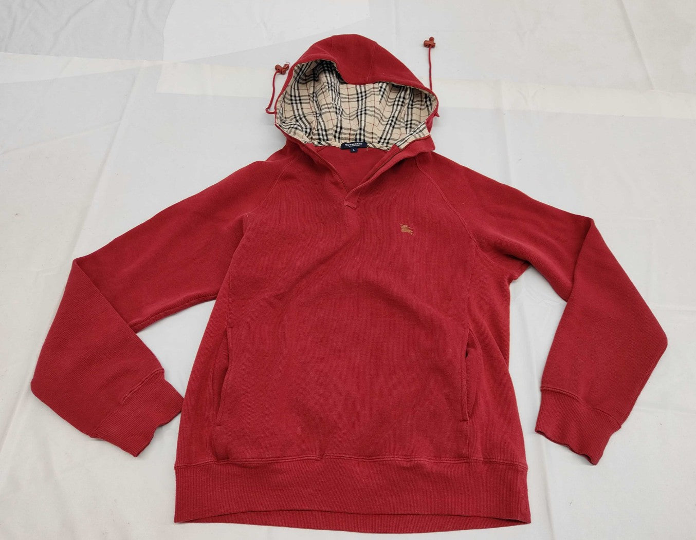 BURBERRY LONDON Hoodie Nova Check Hood Cotton Pullover Red Size L Mens