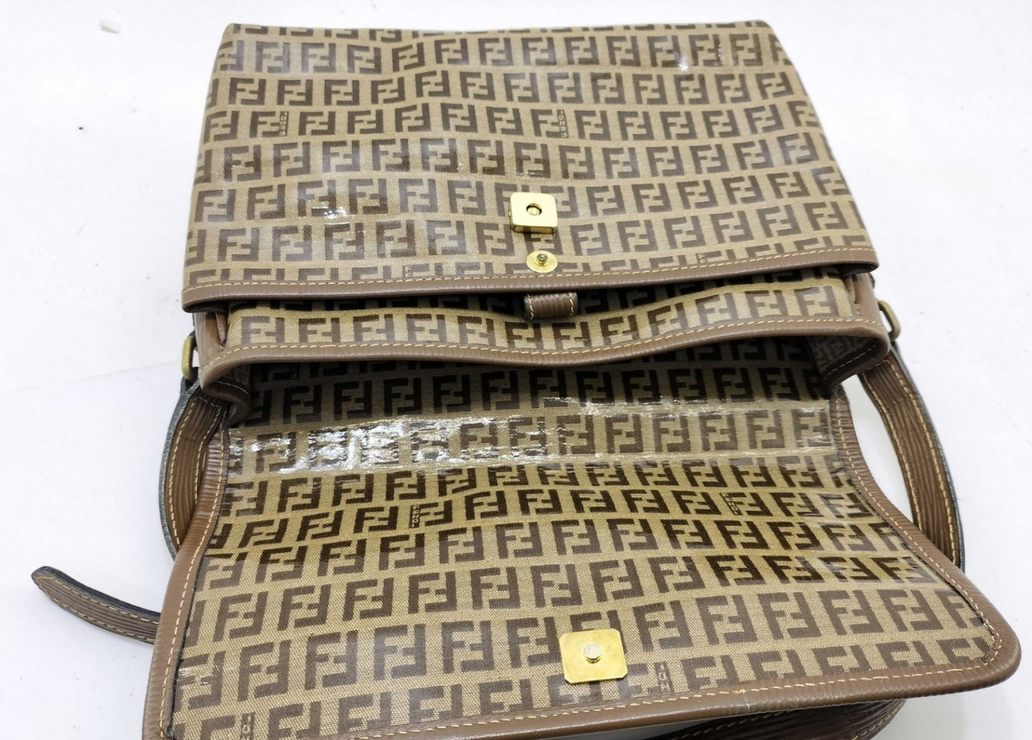 FENDI Zucca Shoulder Bag FF Logo Brown PVC Leather Vintage Crossbody