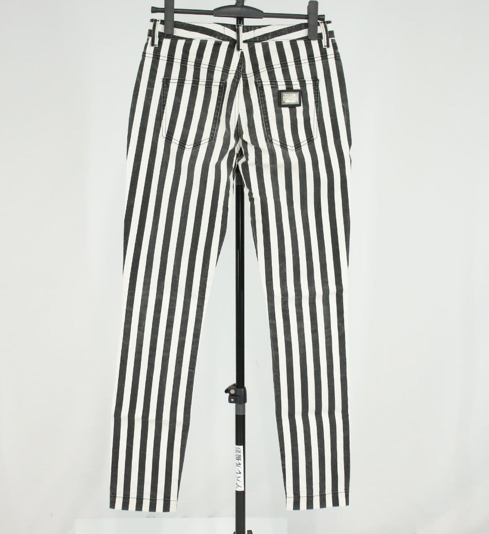 DOLCE & GABBANA Striped Stretch Denim Skinny Pants Black White Size 38 Italy