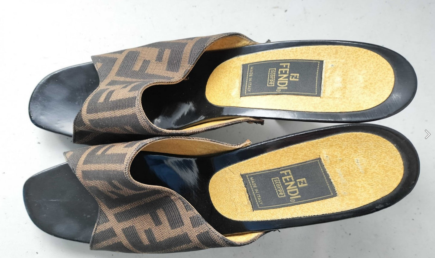 FENDI Zucca Logo Mule Heels Sandals Brown Black EU38 US7.5 JP24.1 Try-On Pics