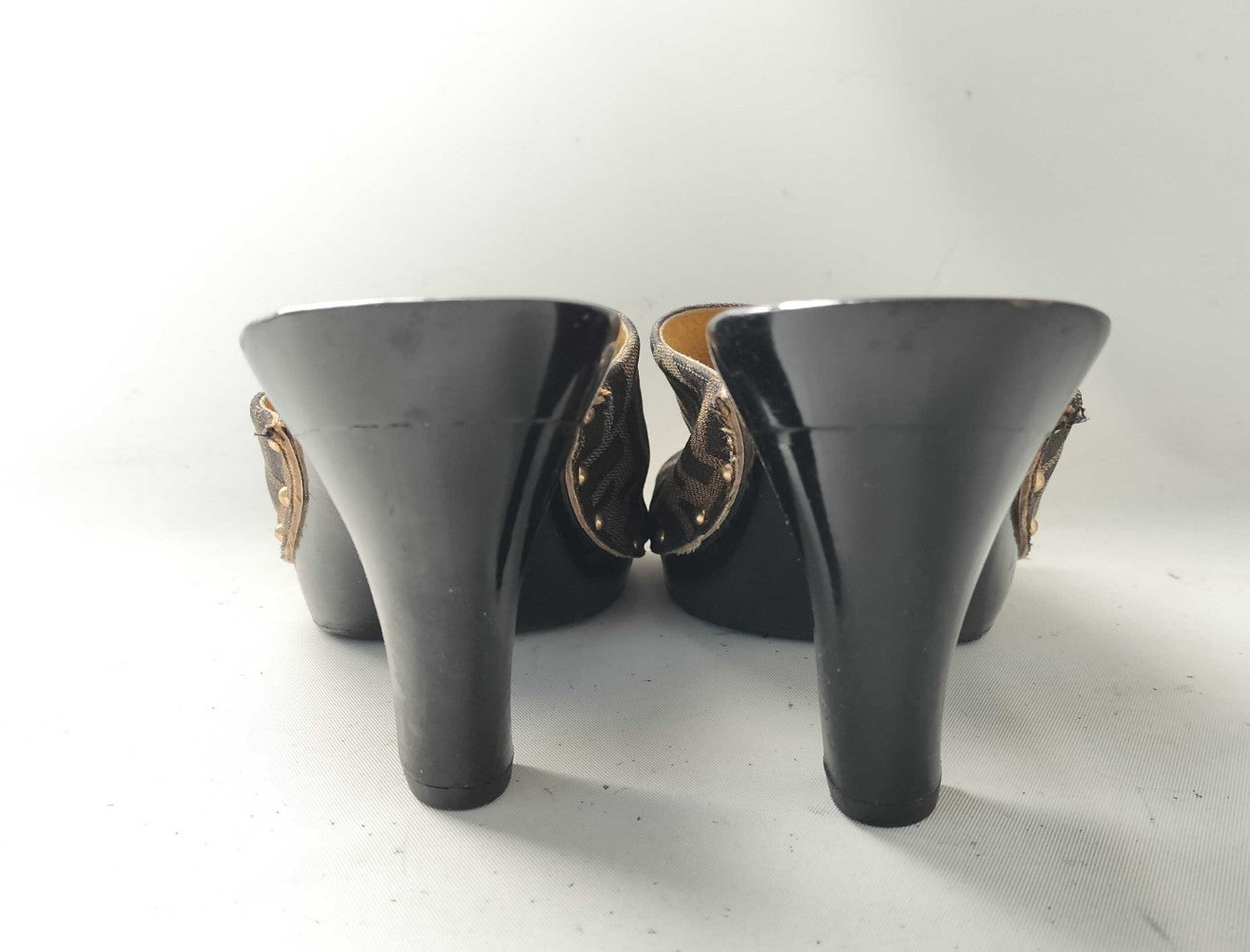 FENDI Zucca Logo Mule Heels Sandals Brown Black EU38 US7.5 JP24.1 Try-On Pics
