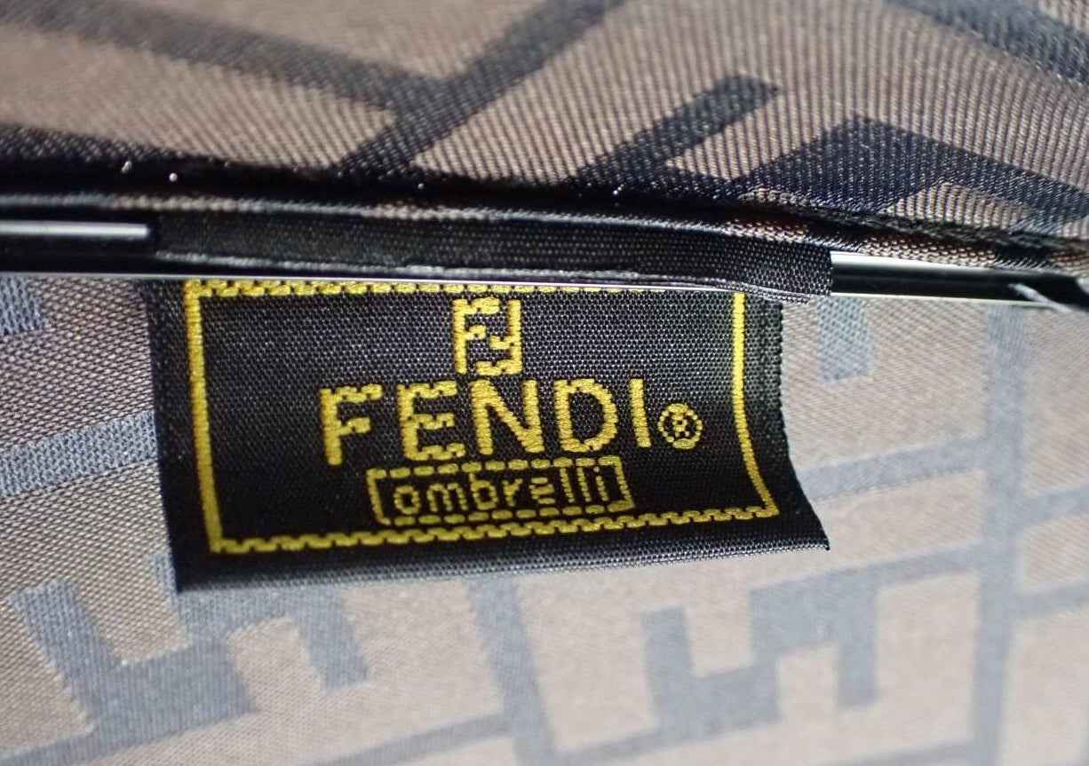Fendi Zucca Pattern Long Umbrella with Wooden Handle, Includes Umbrella Bag, Rib Length: Approx. 57cm, Total Length: 90cm