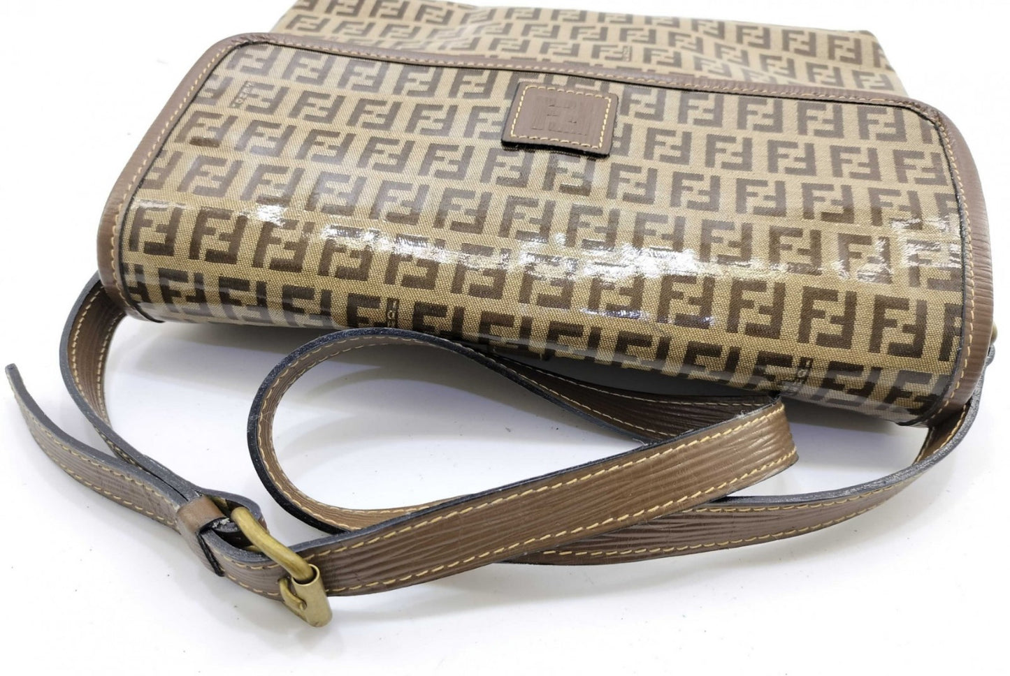 FENDI Zucca Shoulder Bag FF Logo Brown PVC Leather Vintage Crossbody