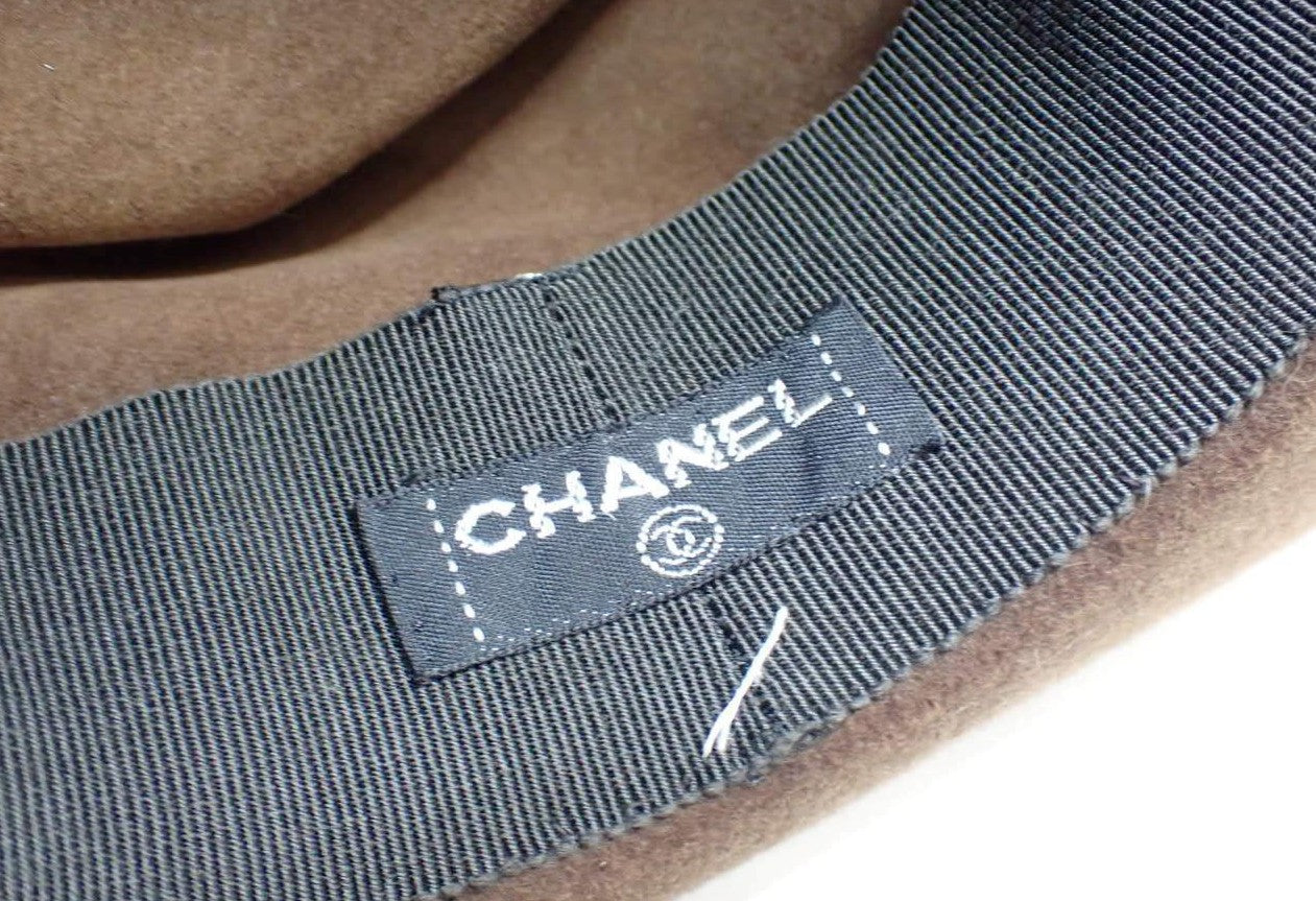CHANEL Brown Wool Felt Fedora Hat Ribbon Coco Mark Size 56 Pre-Owned