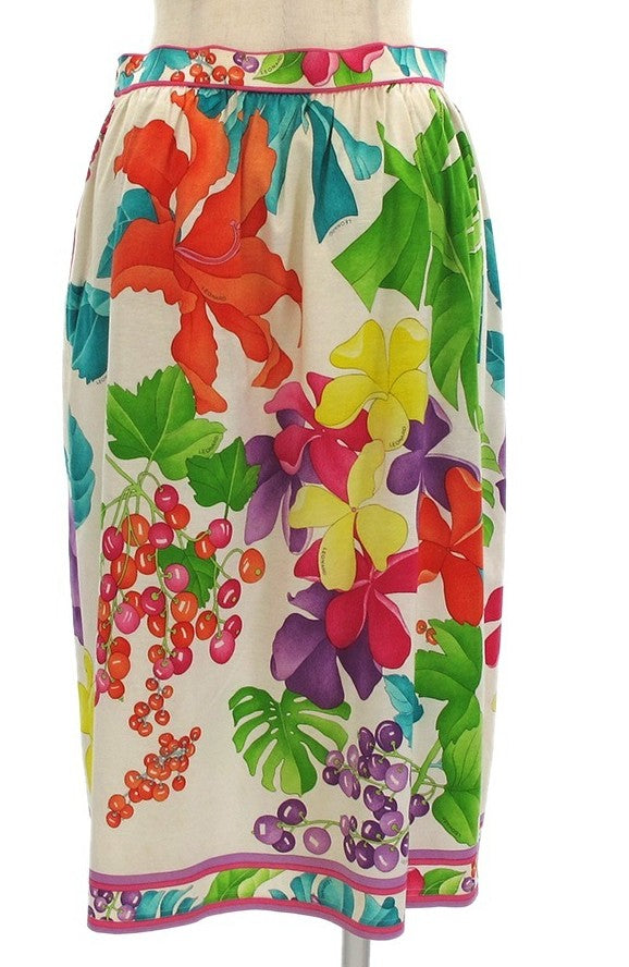 LEONARD Paris Floral Tropical Print Skirt Cotton Lined Waist 69 Japan