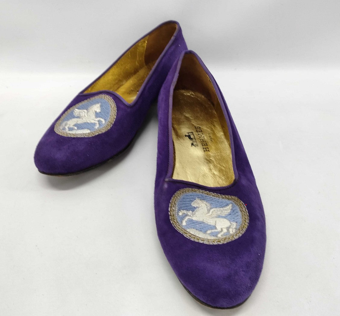 HERMES Pegasus Embroidered Suede Flats Purple EU 35 / US 5.5 / JP 22.5cm Women’s Shoes