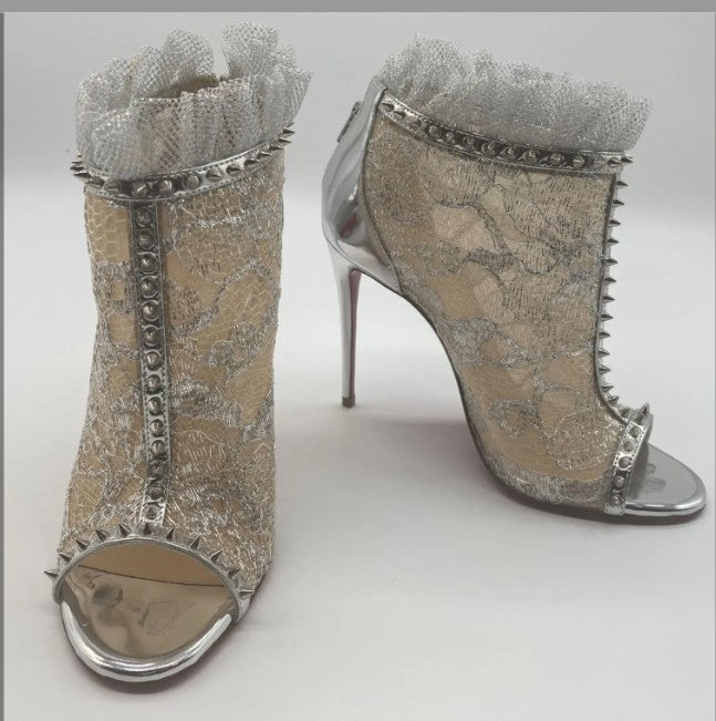 Christian Louboutin JULIETTRA Booties Silver Patent Fabric Spikes Size 36 US 5.75 Box Bags