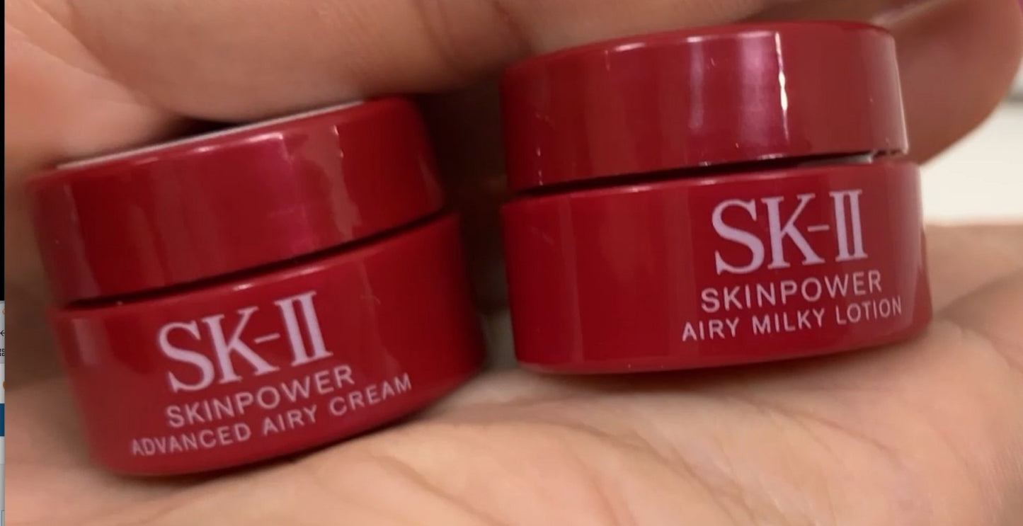 SK-II Sample Set: Skin Power Essence, Airy Cream, Milky Lotion, GenOptics Aura Essence, Whitening Mask. Unused, sample products. Made in Japan. Cosmetics.