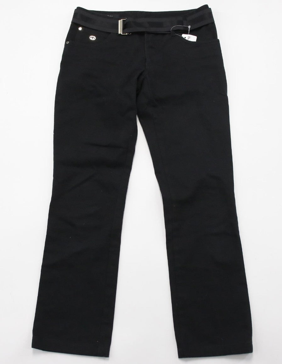 GUCCI Black Cotton Pants GG Logo Satin Belt Size 38 Women's Made in Italy
