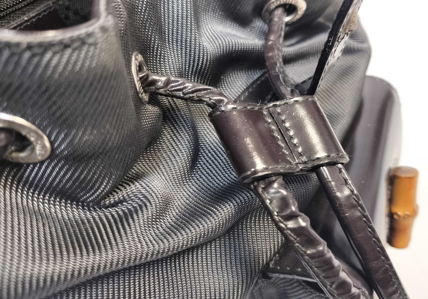 GUCCI Bamboo Backpack Black Nylon Leather Drawstring Bag Vintage