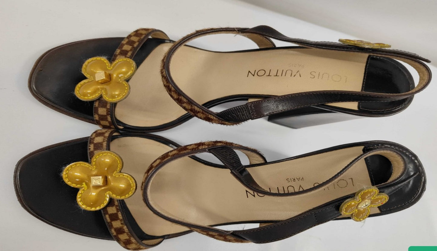 Louis Vuitton Damier Flower Sandals 37 Brown Block Heel Slingback Italy