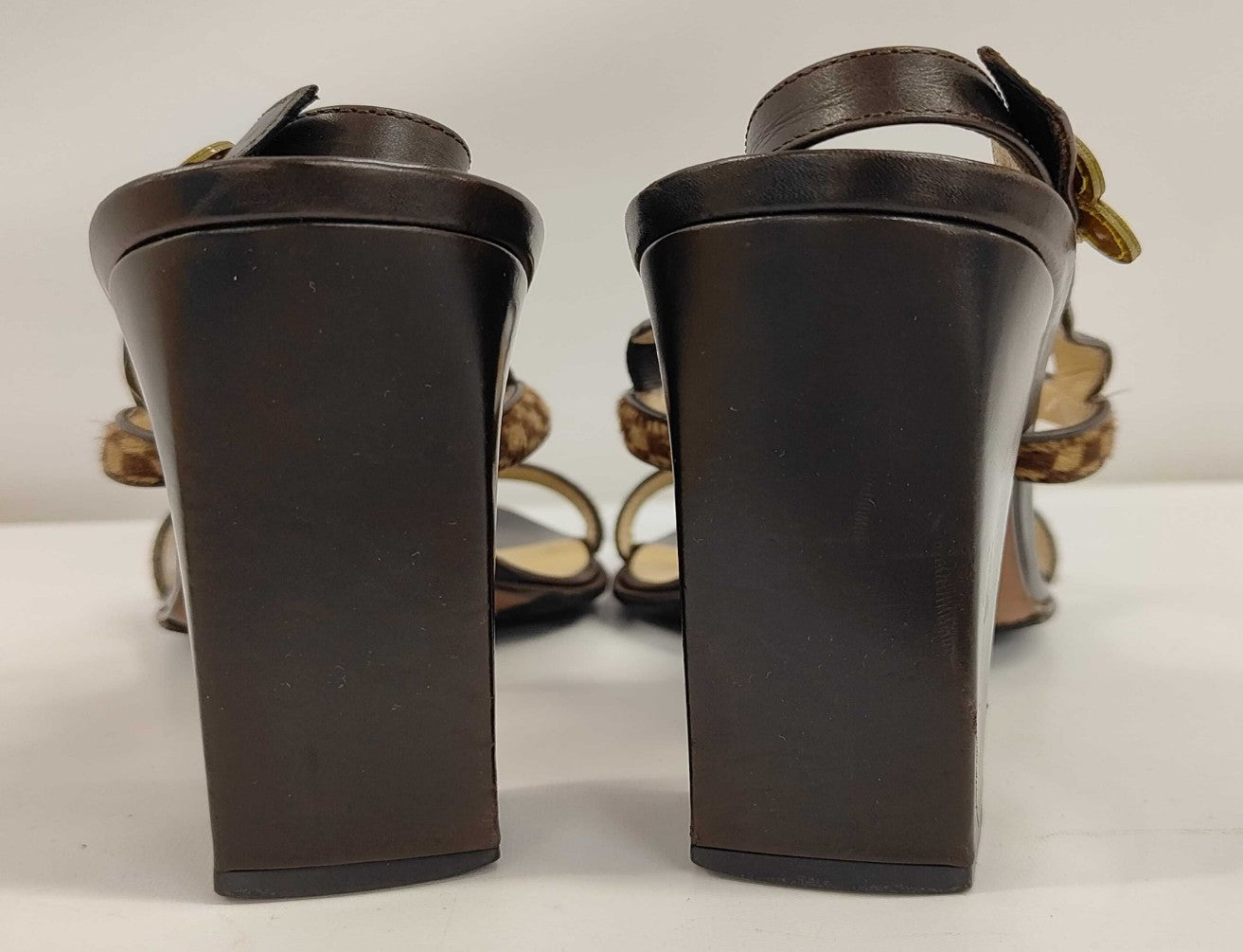 Louis Vuitton Damier Flower Sandals 37 Brown Block Heel Slingback Italy