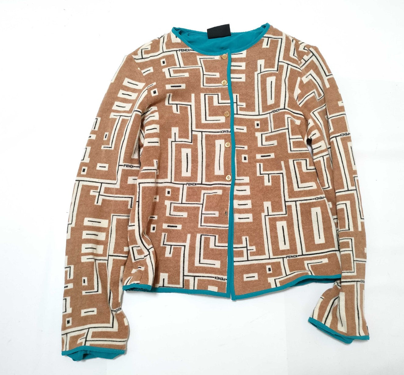 FENDI Jeans Cardigan Jacket 44 IT Geometric Logo Pattern Wool Blend Italy