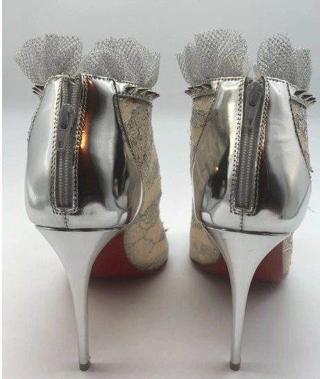 Christian Louboutin JULIETTRA Booties Silver Patent Fabric Spikes Size 36 US 5.75 Box Bags