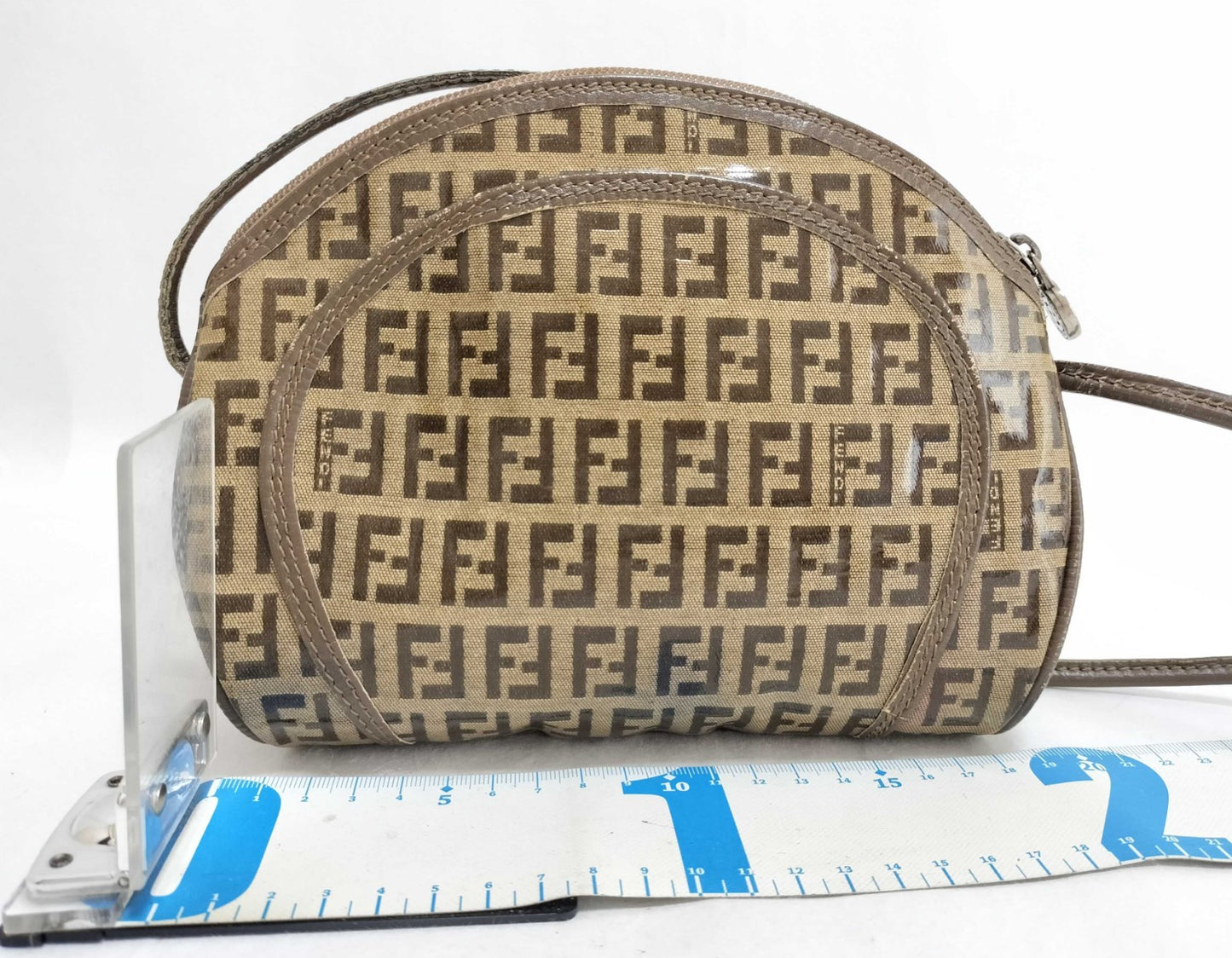 FENDI Zucca FF Canvas Shoulder Bag Brown Beige Small Crossbody Italy