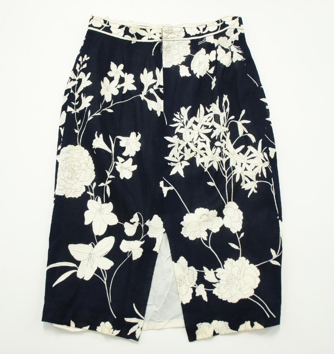 LEONARD Floral Tight Skirt Navy Ivory Cotton Japan Women Size 67-93