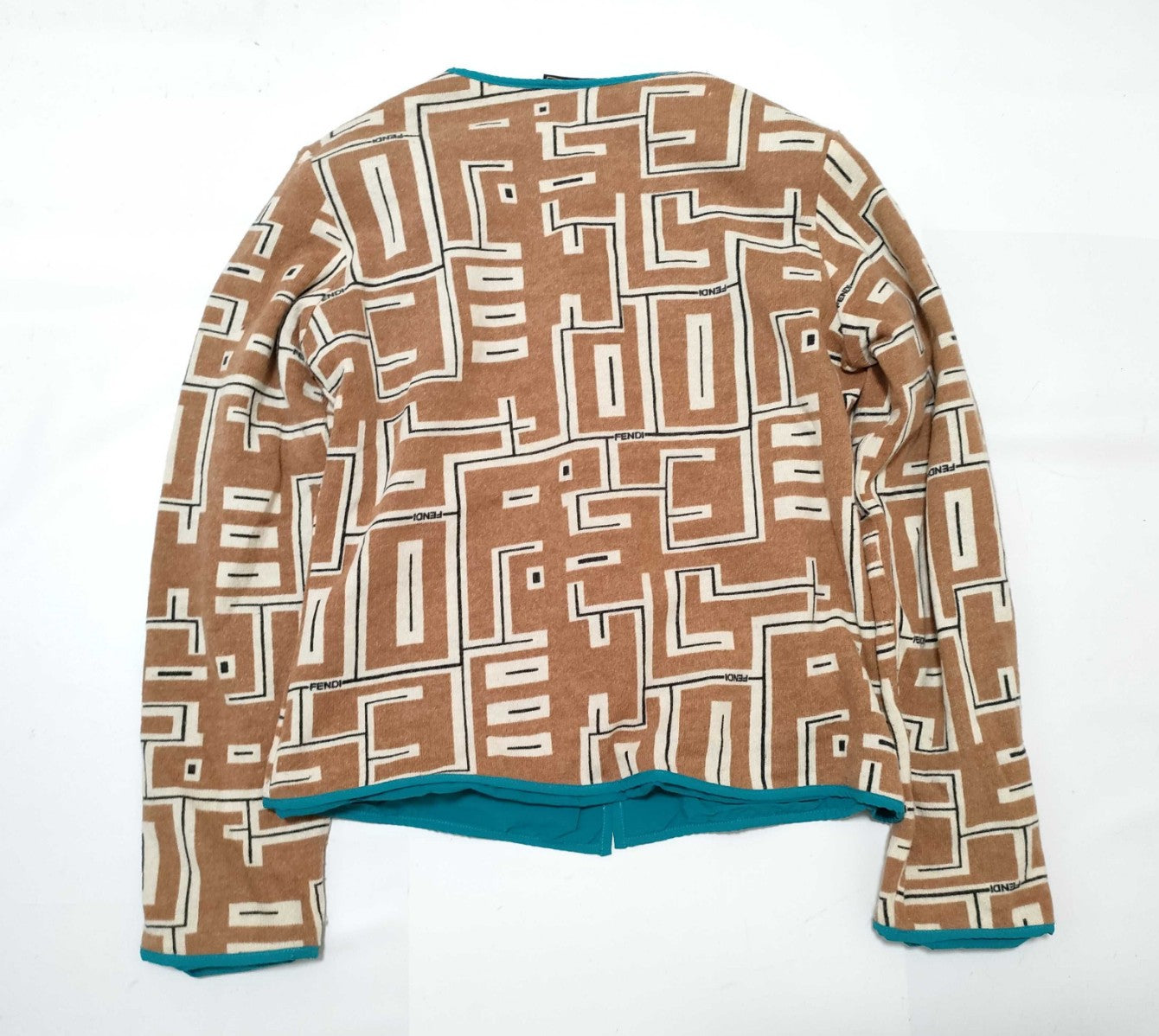 FENDI Jeans Cardigan Jacket 44 IT Geometric Logo Pattern Wool Blend Italy