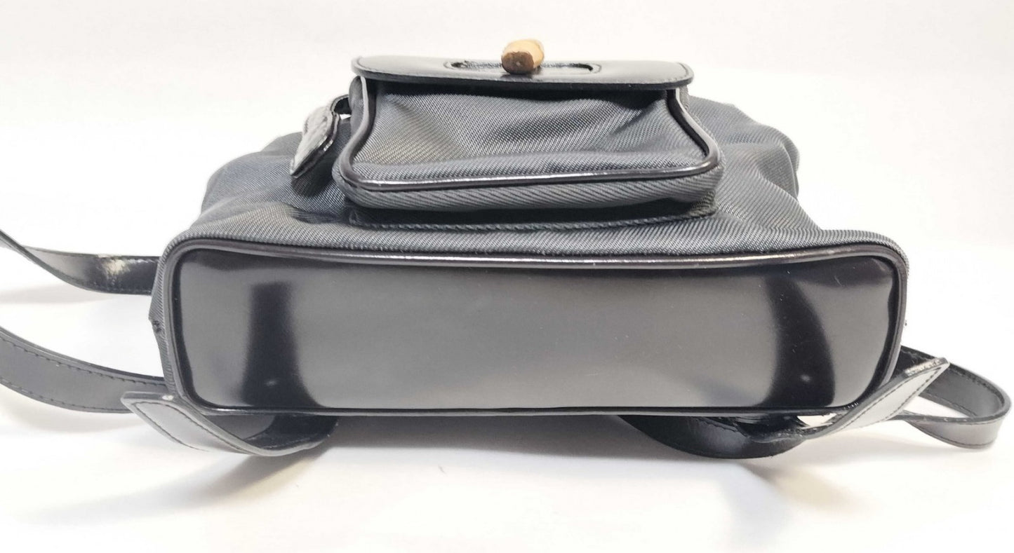 GUCCI Bamboo Backpack Black Nylon Leather Drawstring Bag Vintage
