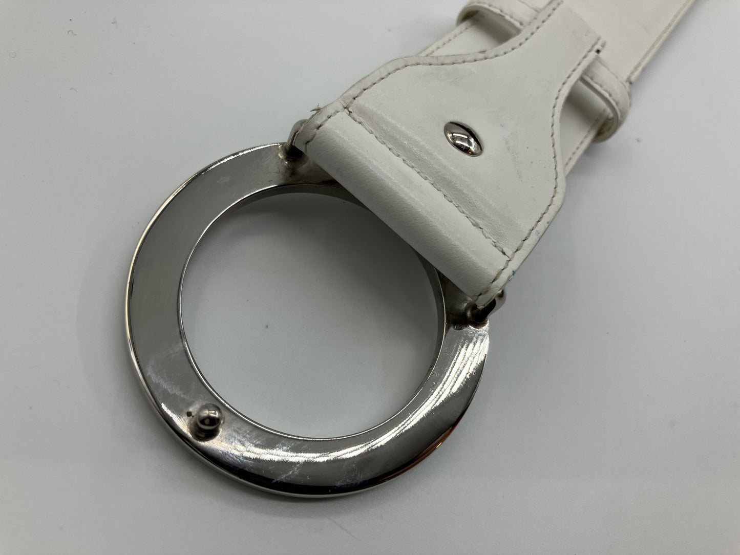 BVLGARI Circle Logo Belt White &amp; Silver 96cm Free Shipping 