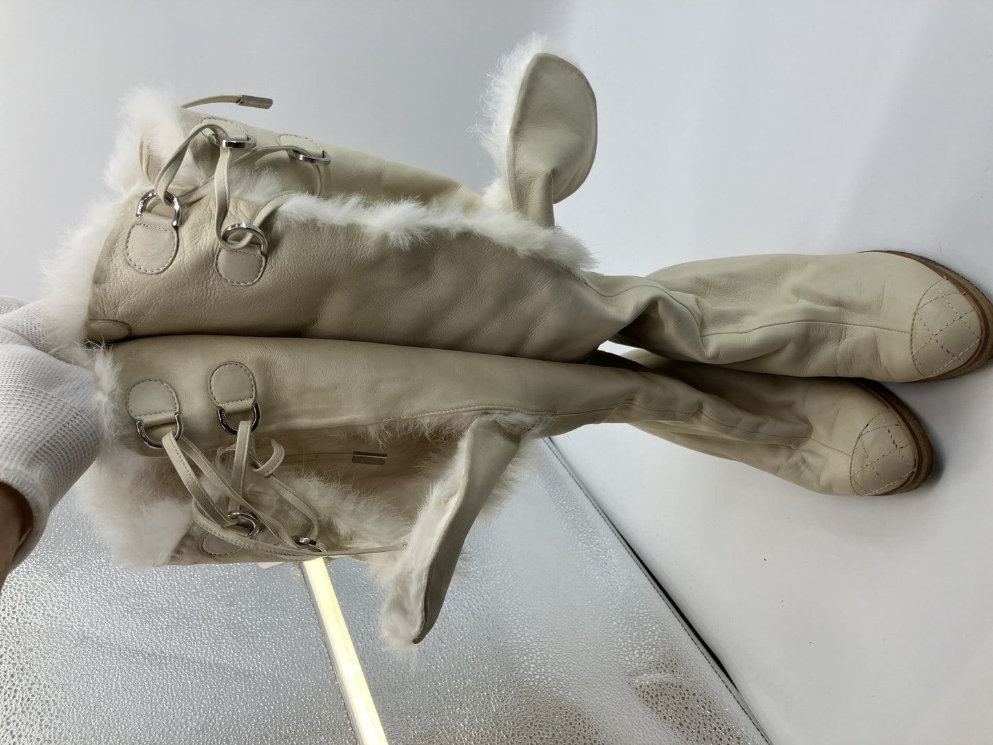 Chanel Coco Mark Fur and Leather Long Boots 37 Women's Ivory Matrasse