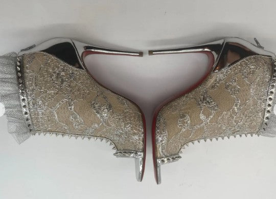 Christian Louboutin JULIETTRA Booties Silver Patent Fabric Spikes Size 36 US 5.75 Box Bags