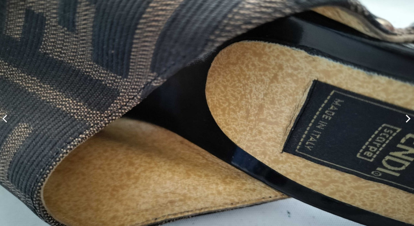 FENDI Zucca Logo Mule Heels Sandals Brown Black EU38 US7.5 JP24.1 Try-On Pics