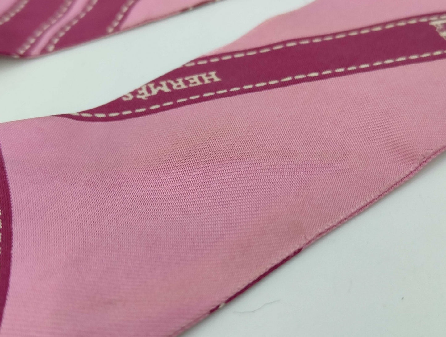 Hermes Twilly Silk Scarf Pink Ribbon Print France Box Fair Condition