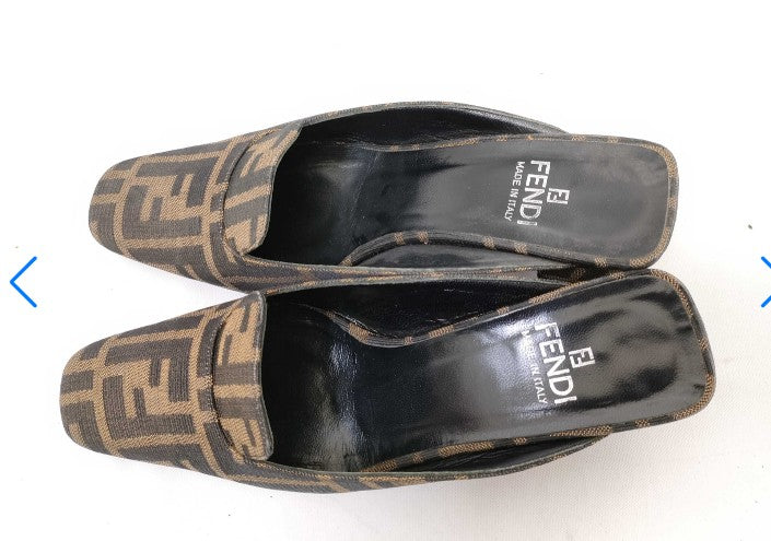Fendi Zucca Mules Heels Brown Canvas Slide Pumps EU35 US5.5 Block Heel Italy