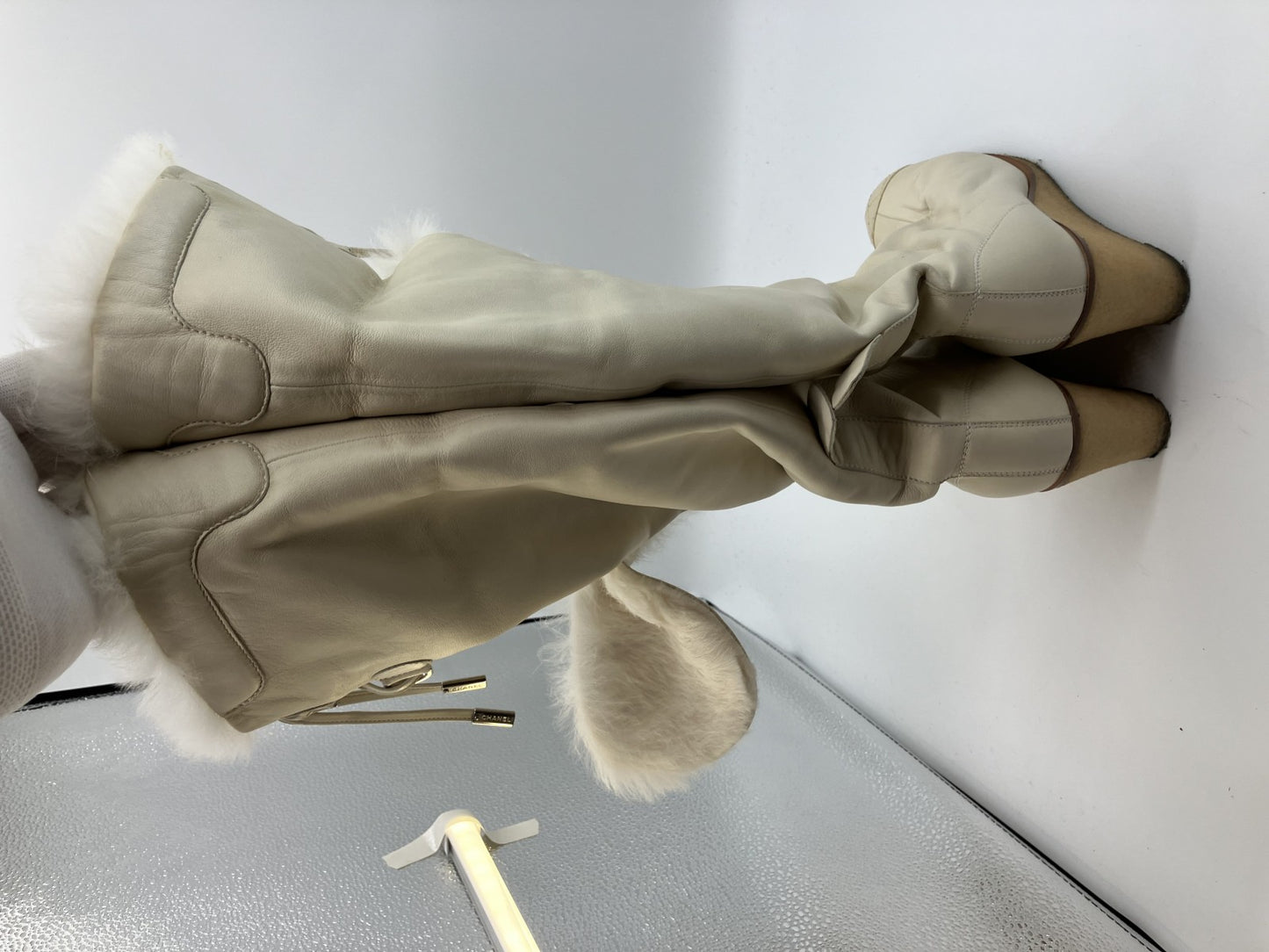 Chanel Coco Mark Fur and Leather Long Boots 37 Women's Ivory Matrasse