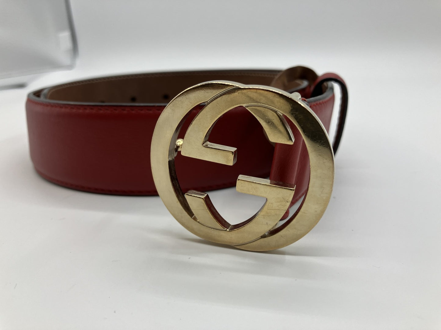 Gucci 370543 Interlocking G Belt 75/30 Leather Red Length 90cm Free Shipping 