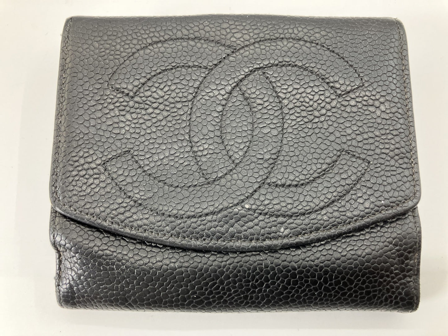 CHANEL Caviar Skin Black Coco Mark W Hook Bifold Wallet with Box and Cards