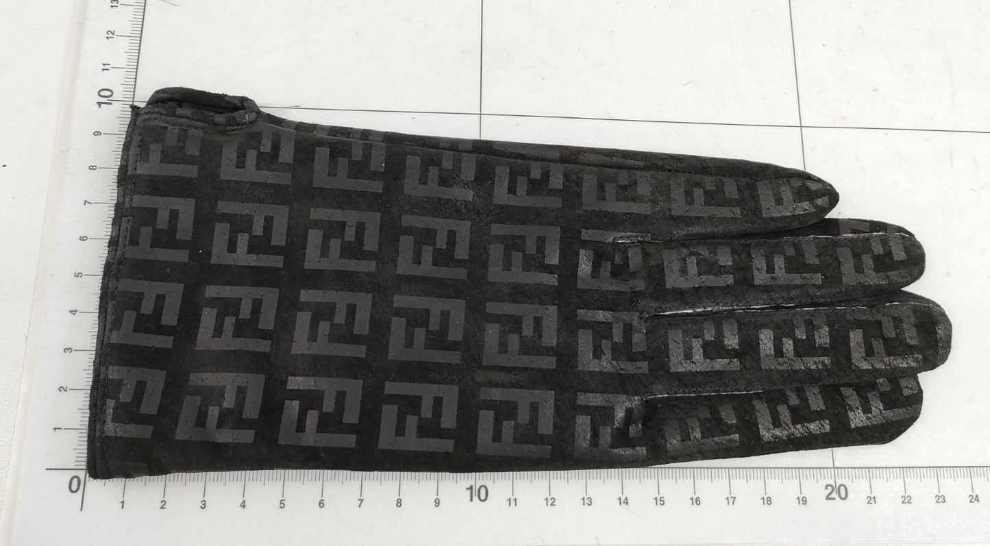 FENDI Roma Zucca FF Monogram Leather Gloves Black Women's Size L Pair