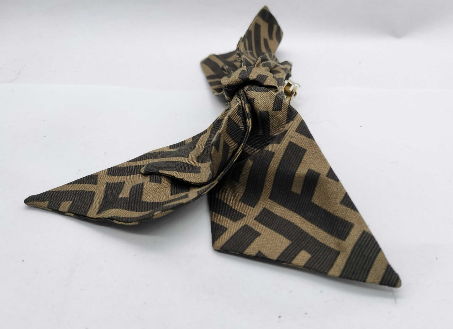 FENDI Zucca FF Logo Ribbon Barrette Hair Clip Brown Canvas Made in Italy