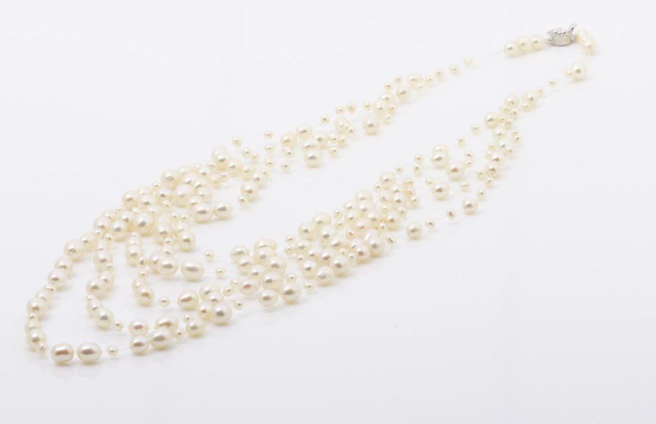 Freshwater Pearl Multi Strand Necklace 49cm 3.2-6.0mm Cluster Pearl Silver Clasp Box