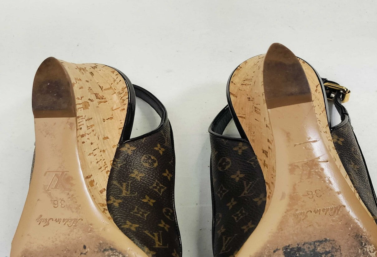 Louis Vuitton Monogram Bow Slingback Wedge Sandals (EU 36)(US 6) Cork Heel Italy