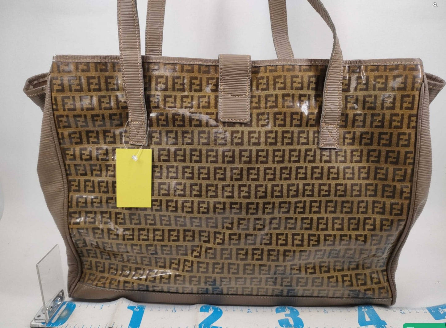 FENDI Zucca Enamel Tote Bag Brown FF Logo Shoulder PVC Italy Vintage