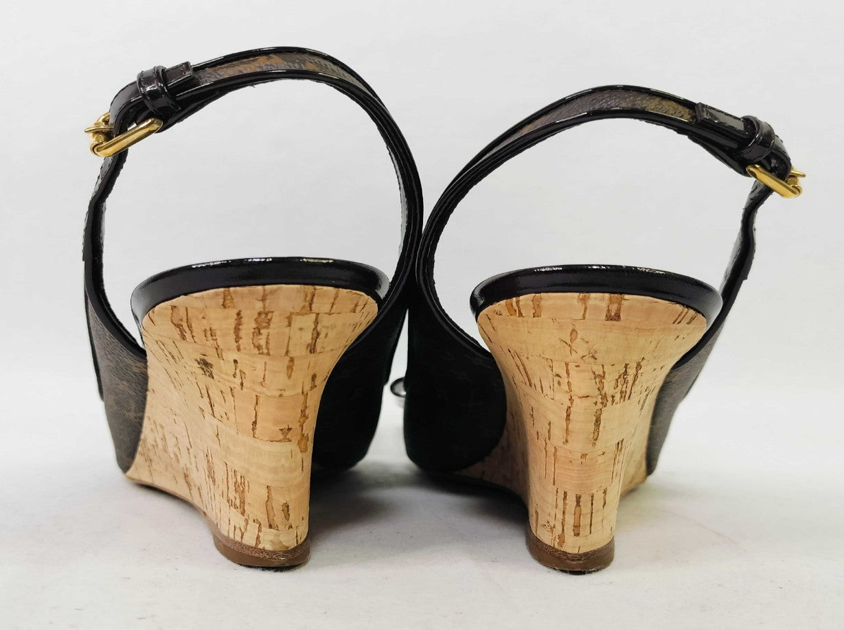 Louis Vuitton Monogram Bow Slingback Wedge Sandals (EU 36)(US 6) Cork Heel Italy