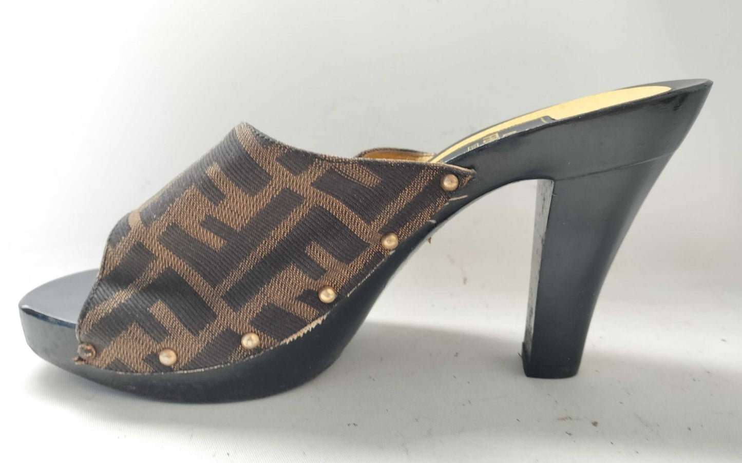 FENDI Zucca Logo Mule Heels Sandals Brown Black EU38 US7.5 JP24.1 Try-On Pics