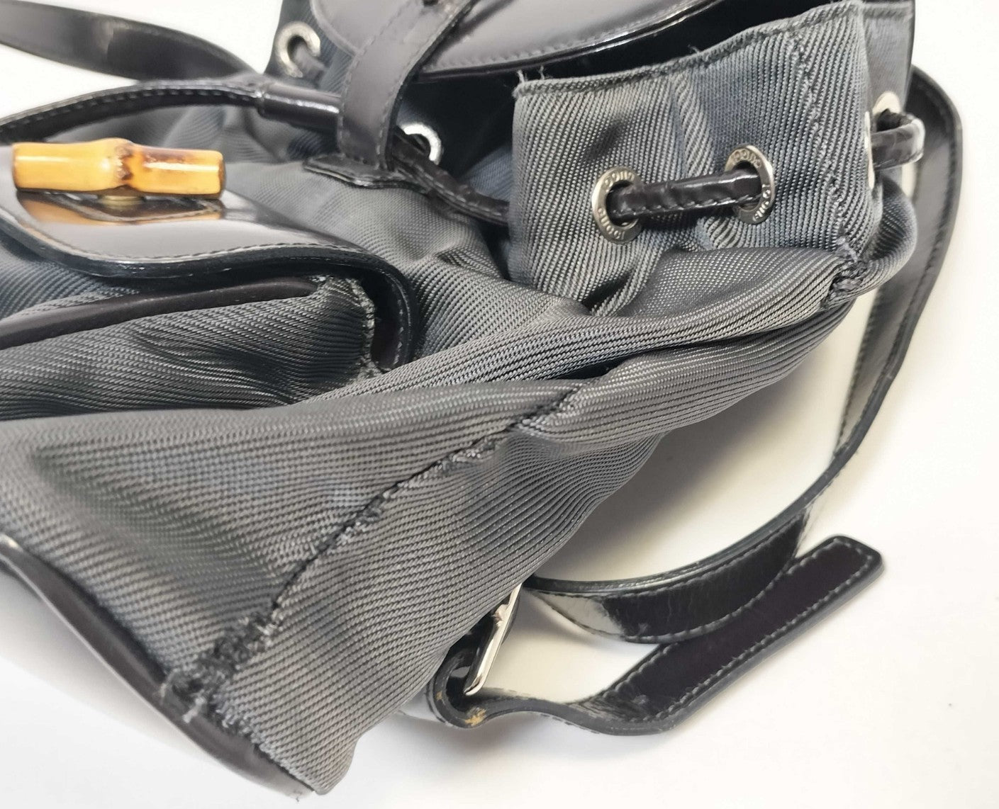 GUCCI Bamboo Backpack Black Nylon Leather Drawstring Bag Vintage