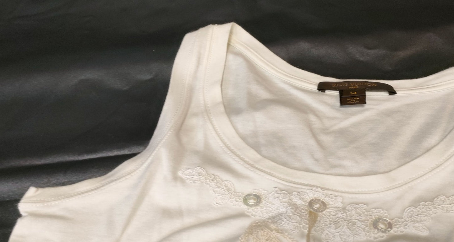 Louis Vuitton Sleeveless Top Lace Embroidery Ivory LV Buttons Size M Italy